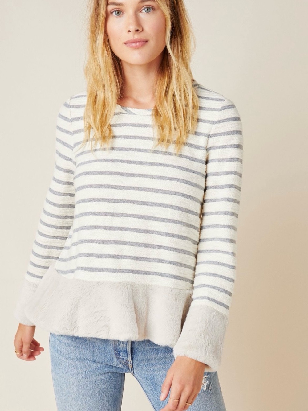 Anthropologie Maeve Astor Pullover Grey Cream Stripe Faux Fur Trim Cozy Size S